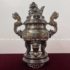 Đỉnh khảm ngũ sắc song long cao 55cm